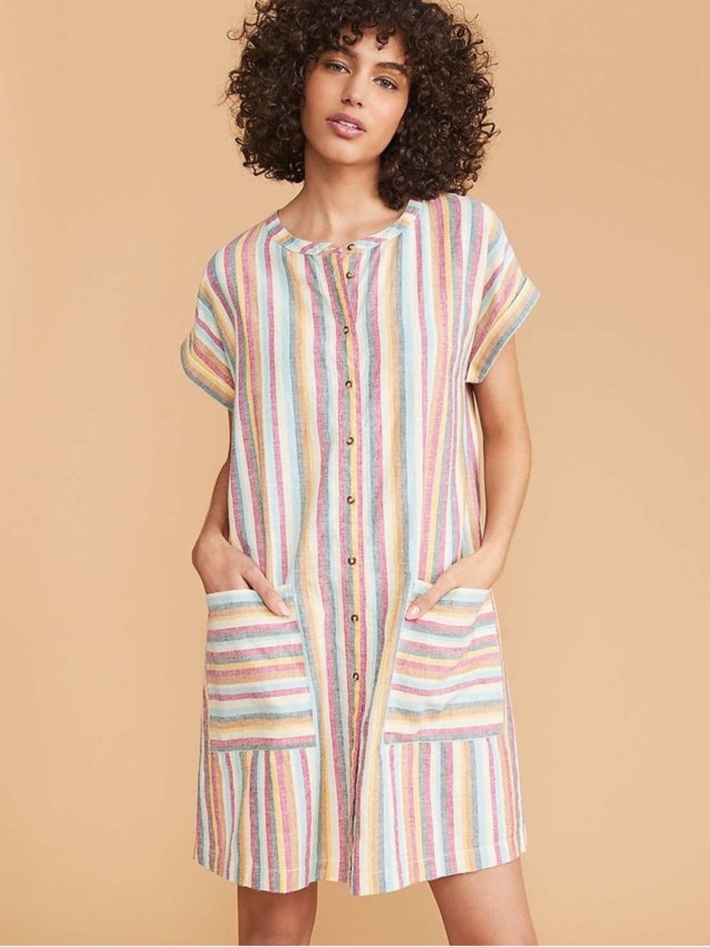 Lou & Grey LOFT Striped Short Sleeve Tunic Dress Multi Rainbow Linen Cotton XS